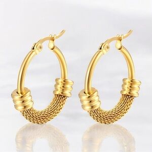 Vintage style 18K Gold PVD Plated Hoop Earrings with Mesh Design